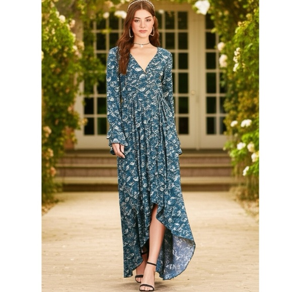 New Band of Gypsies Collective Jewel Teal Floral Wrap Maxi Dress Sz XS - Picture 13 of 13
